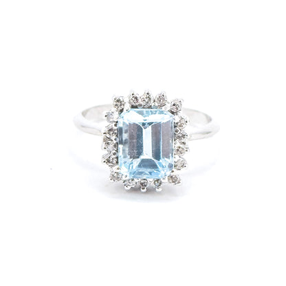 Vintage Blue Topaz & Diamond Halo Ring in 14K White Gold