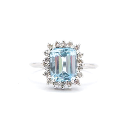 Vintage Blue Topaz & Diamond Halo Ring in 14K White Gold