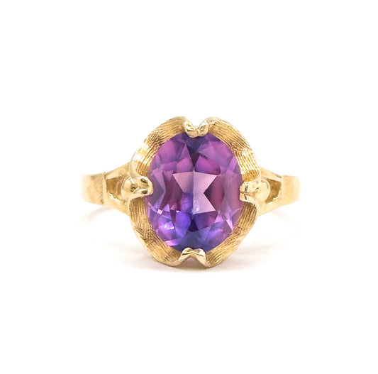 Mid Century Synthetic Purple Sapphire Ring in 14K Yellow Gold