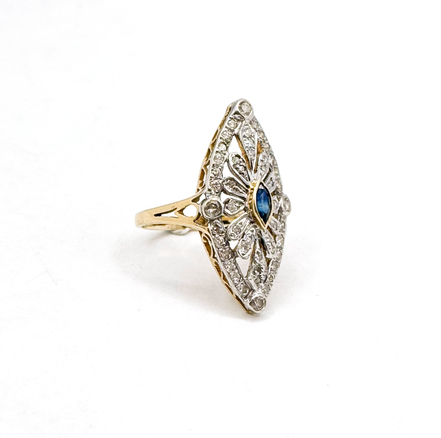 Vintage Marquise Sapphire & Diamond Openwork Navette Ring in two tone 14K Gold