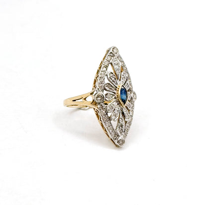 Vintage Marquise Sapphire & Diamond Openwork Navette Ring in two tone 14K Gold