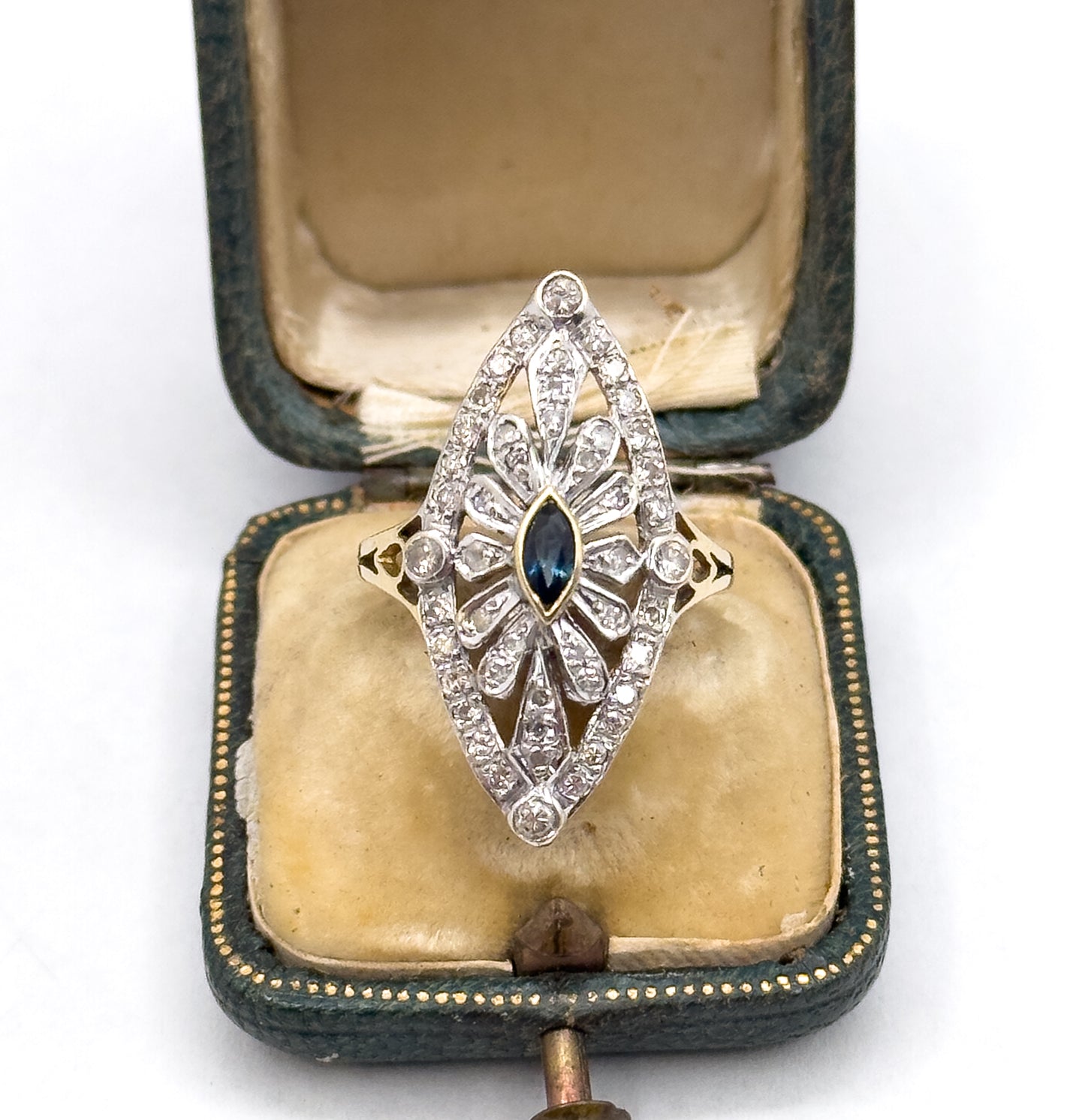 Vintage Marquise Sapphire & Diamond Openwork Navette Ring in two tone 14K Gold