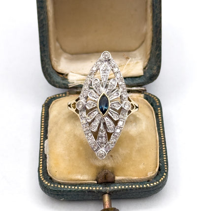 Vintage Marquise Sapphire & Diamond Openwork Navette Ring in two tone 14K Gold