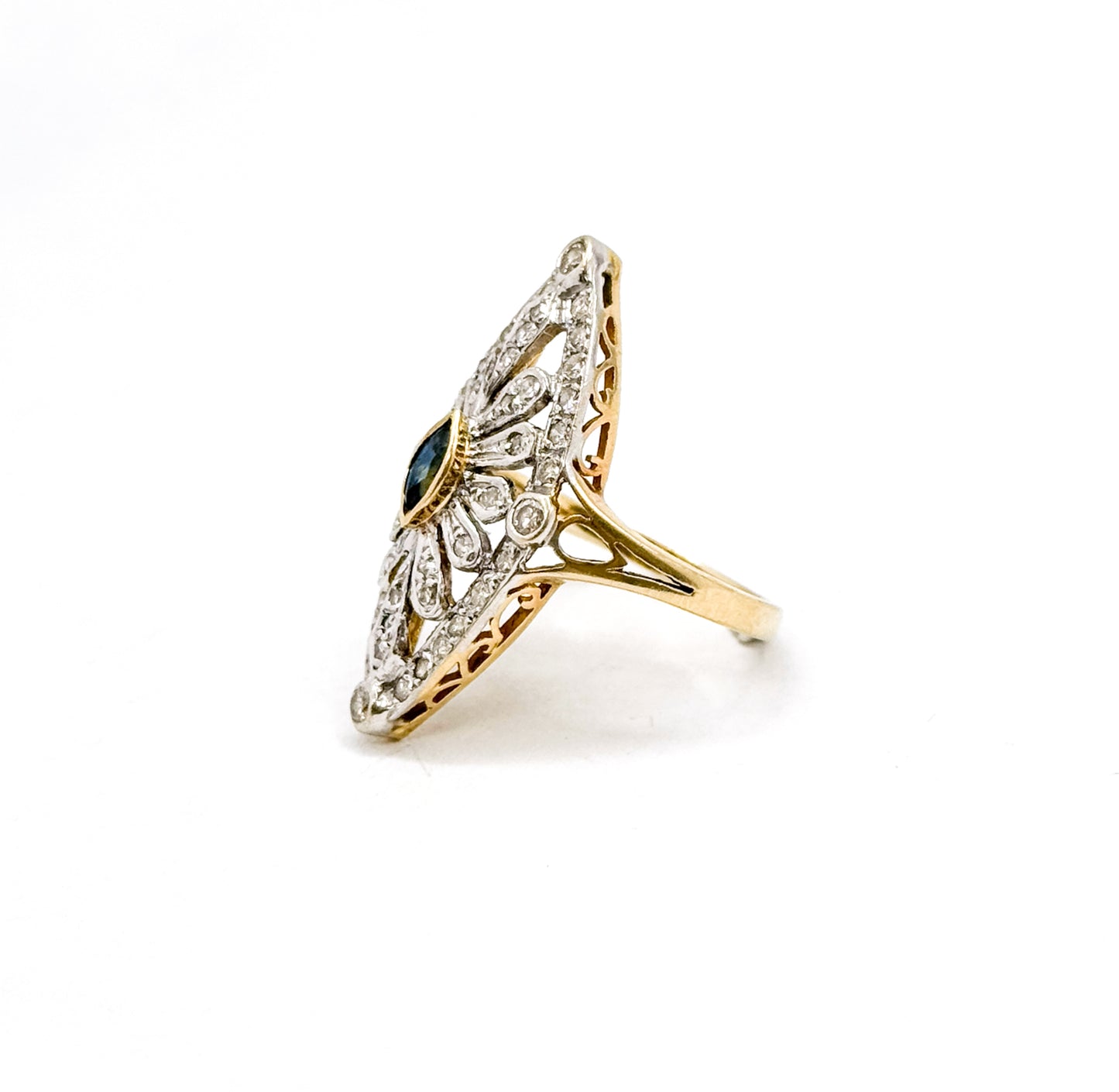 Vintage Marquise Sapphire & Diamond Openwork Navette Ring in two tone 14K Gold