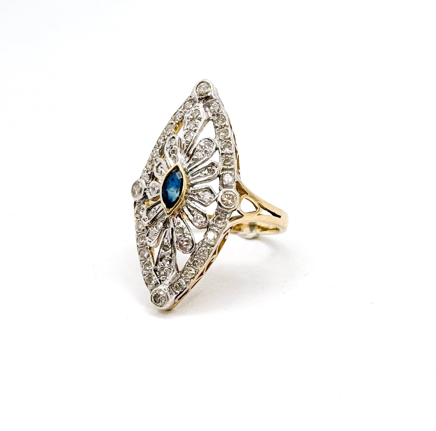 Vintage Marquise Sapphire & Diamond Openwork Navette Ring in two tone 14K Gold
