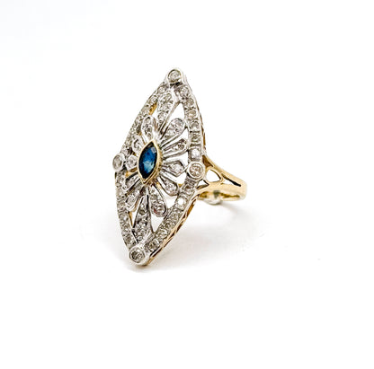 Vintage Marquise Sapphire & Diamond Openwork Navette Ring in two tone 14K Gold