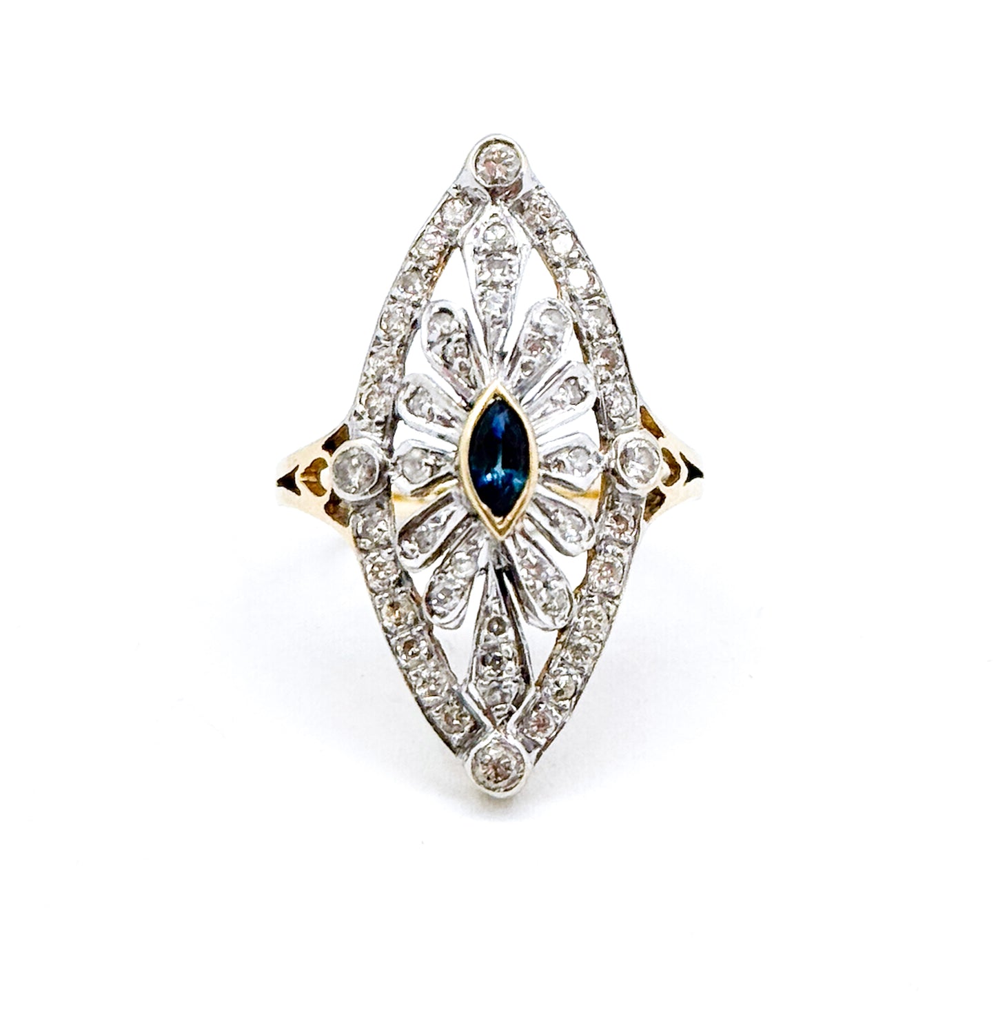 Vintage Marquise Sapphire & Diamond Openwork Navette Ring in two tone 14K Gold