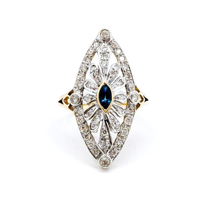 Vintage Marquise Sapphire & Diamond Openwork Navette Ring in two tone 14K Gold