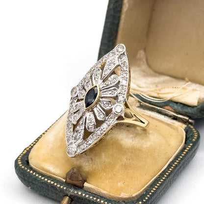 Vintage Marquise Sapphire & Diamond Openwork Navette Ring in two tone 14K Gold