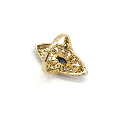 Vintage Marquise Sapphire & Diamond Openwork Navette Ring in two tone 14K Gold