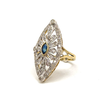 Vintage Marquise Sapphire & Diamond Openwork Navette Ring in two tone 14K Gold