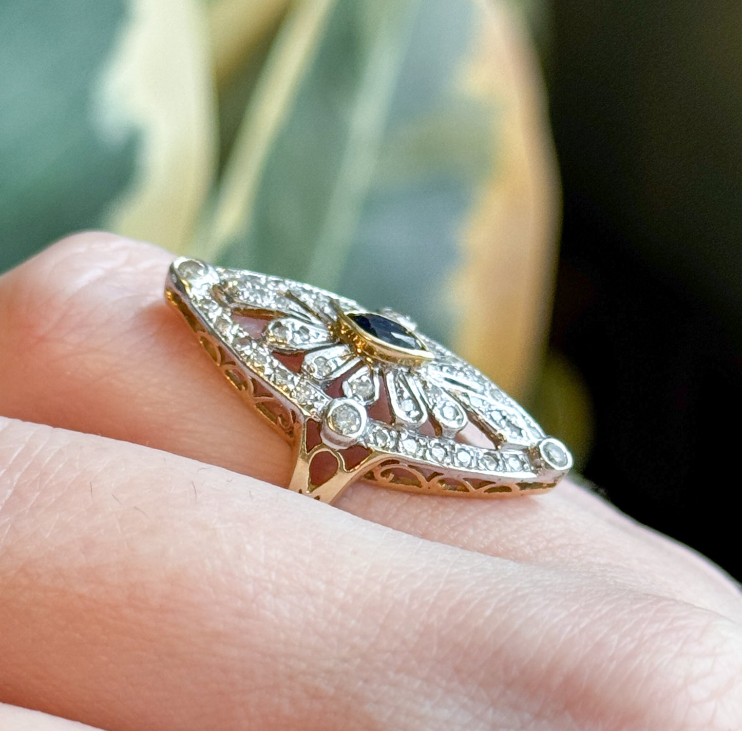 Vintage Marquise Sapphire & Diamond Openwork Navette Ring in two tone 14K Gold