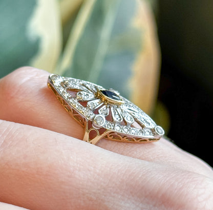 Vintage Marquise Sapphire & Diamond Openwork Navette Ring in two tone 14K Gold
