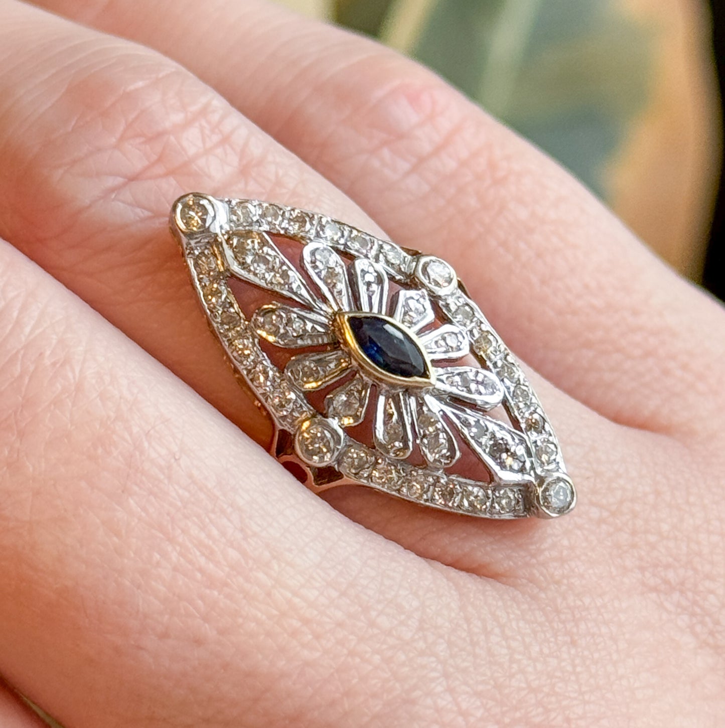 Vintage Marquise Sapphire & Diamond Openwork Navette Ring in two tone 14K Gold