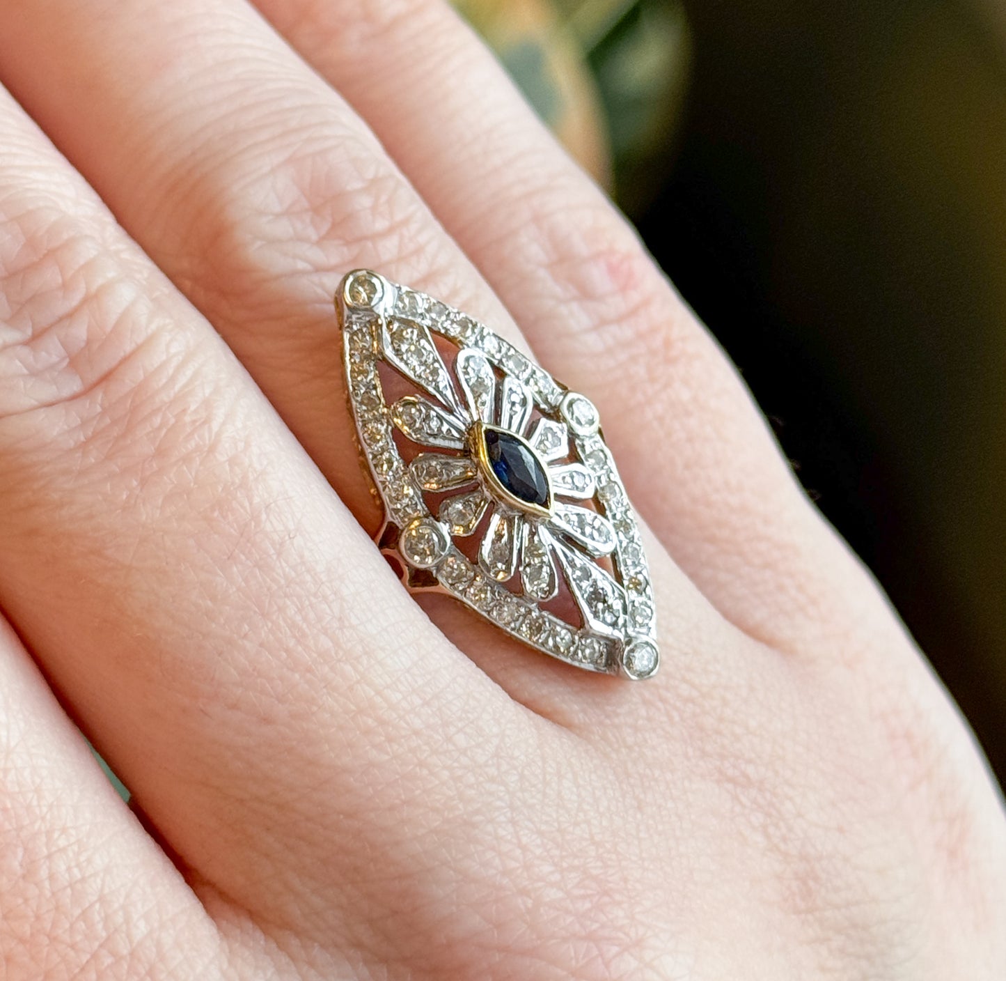 Vintage Marquise Sapphire & Diamond Openwork Navette Ring in two tone 14K Gold