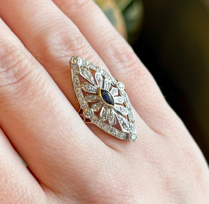Vintage Marquise Sapphire & Diamond Openwork Navette Ring in two tone 14K Gold