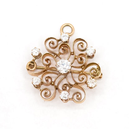 Edwardian Old European Cut Diamond Floral Brooch / Pendant in 14K Gold