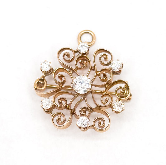 Edwardian Old European Cut Diamond Floral Brooch / Pendant in 14K Gold