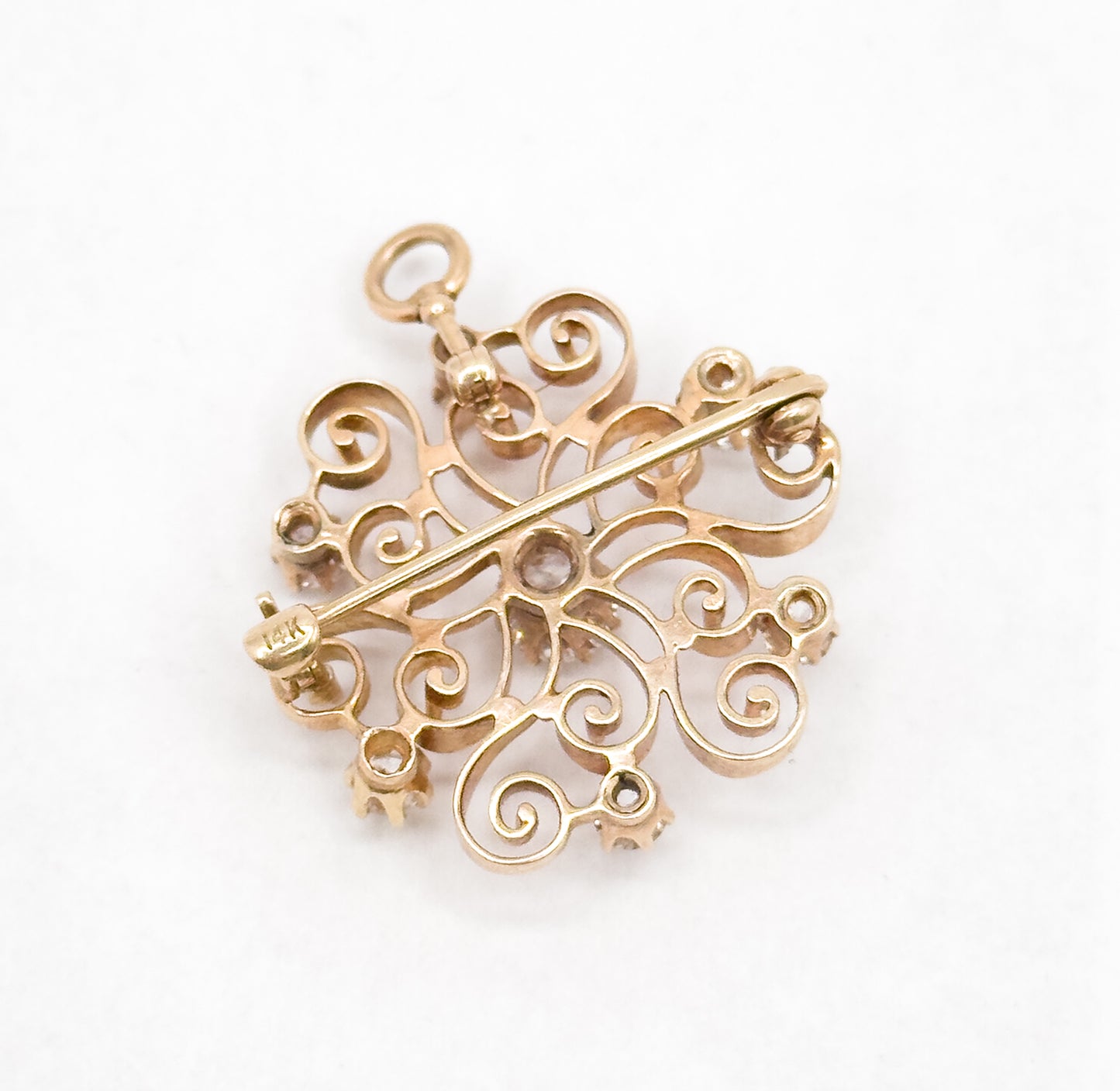 Edwardian Old European Cut Diamond Floral Brooch / Pendant in 14K Gold
