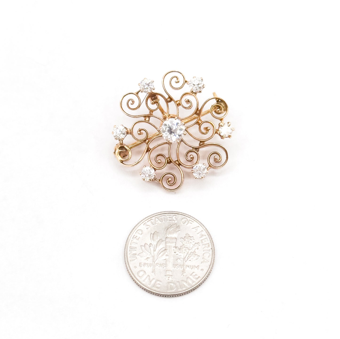 Edwardian Old European Cut Diamond Floral Brooch / Pendant in 14K Gold