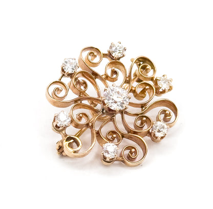 Edwardian Old European Cut Diamond Floral Brooch / Pendant in 14K Gold