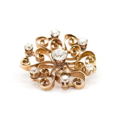 Edwardian Old European Cut Diamond Floral Brooch / Pendant in 14K Gold