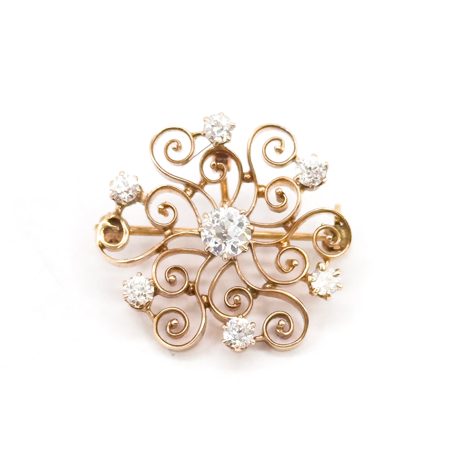 Edwardian Old European Cut Diamond Floral Brooch / Pendant in 14K Gold