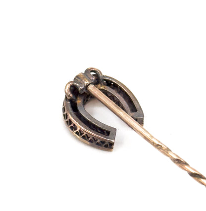 Victorian Horseshoe Stick pin with Coral and Pearls in gold
