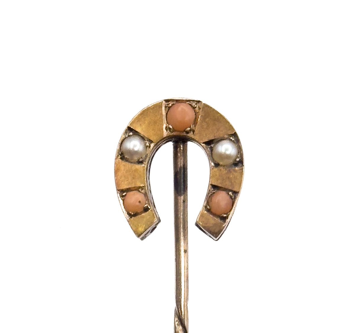 Victorian Horseshoe Stick pin with Coral and Pearls in gold