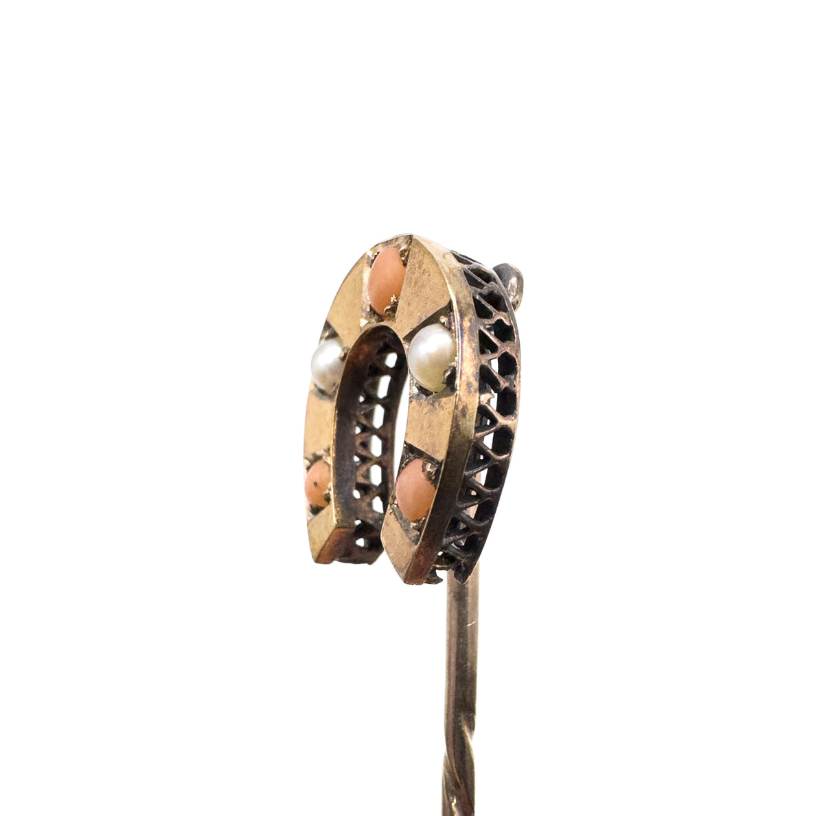 Victorian Horseshoe Stick pin with Coral and Pearls in gold