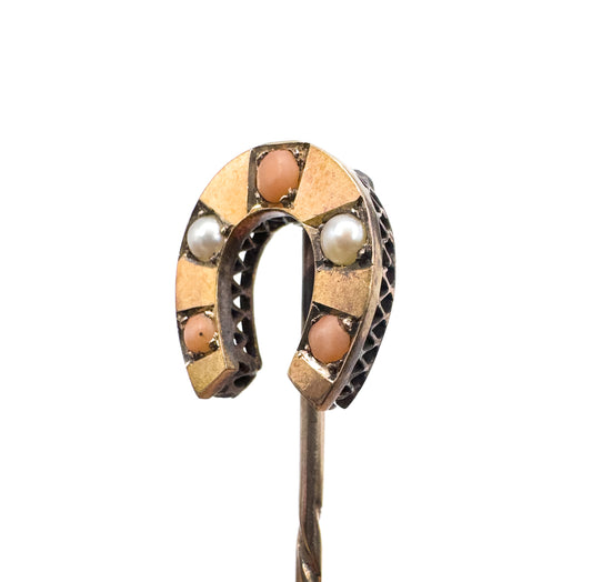Victorian Horseshoe Stick pin with Coral and Pearls in gold