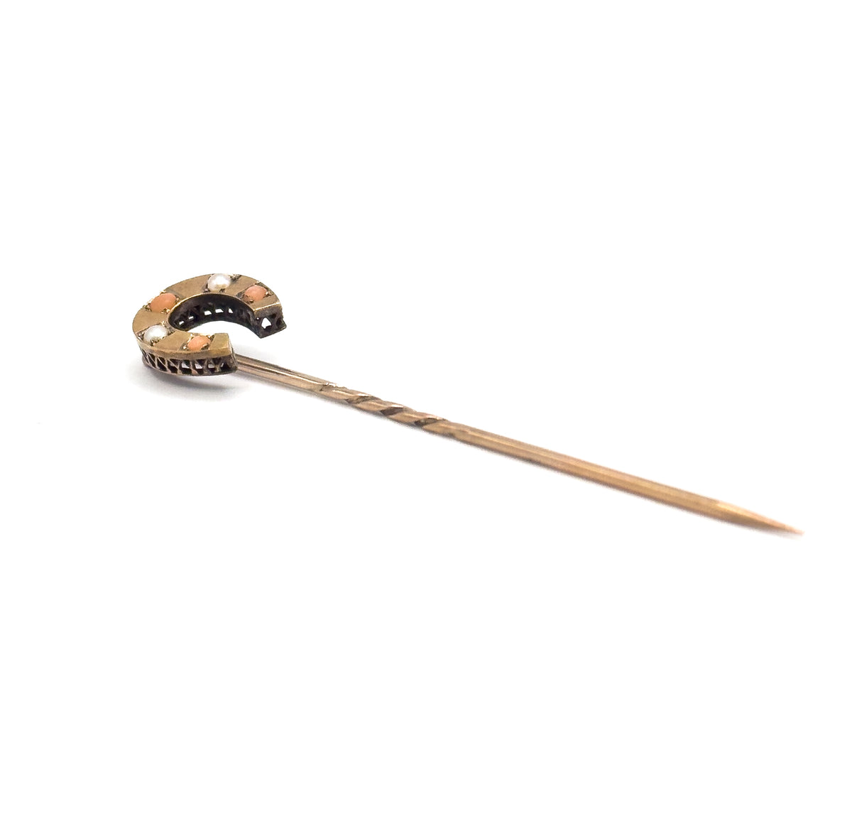 Victorian Horseshoe Stick pin with Coral and Pearls in gold