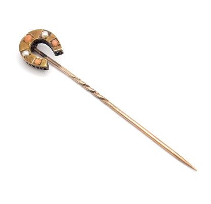 Victorian Horseshoe Stick pin with Coral and Pearls in gold