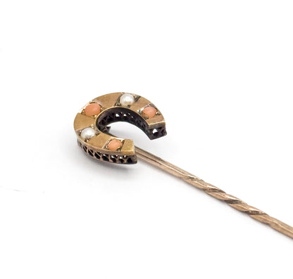 Victorian Horseshoe Stick pin with Coral and Pearls in gold