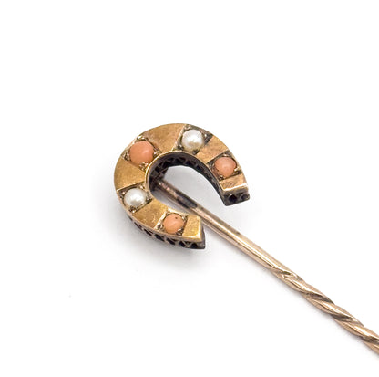 Victorian Horseshoe Stick pin with Coral and Pearls in gold