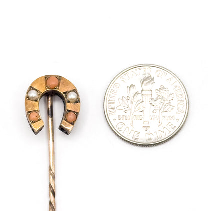 Victorian Horseshoe Stick pin with Coral and Pearls in gold