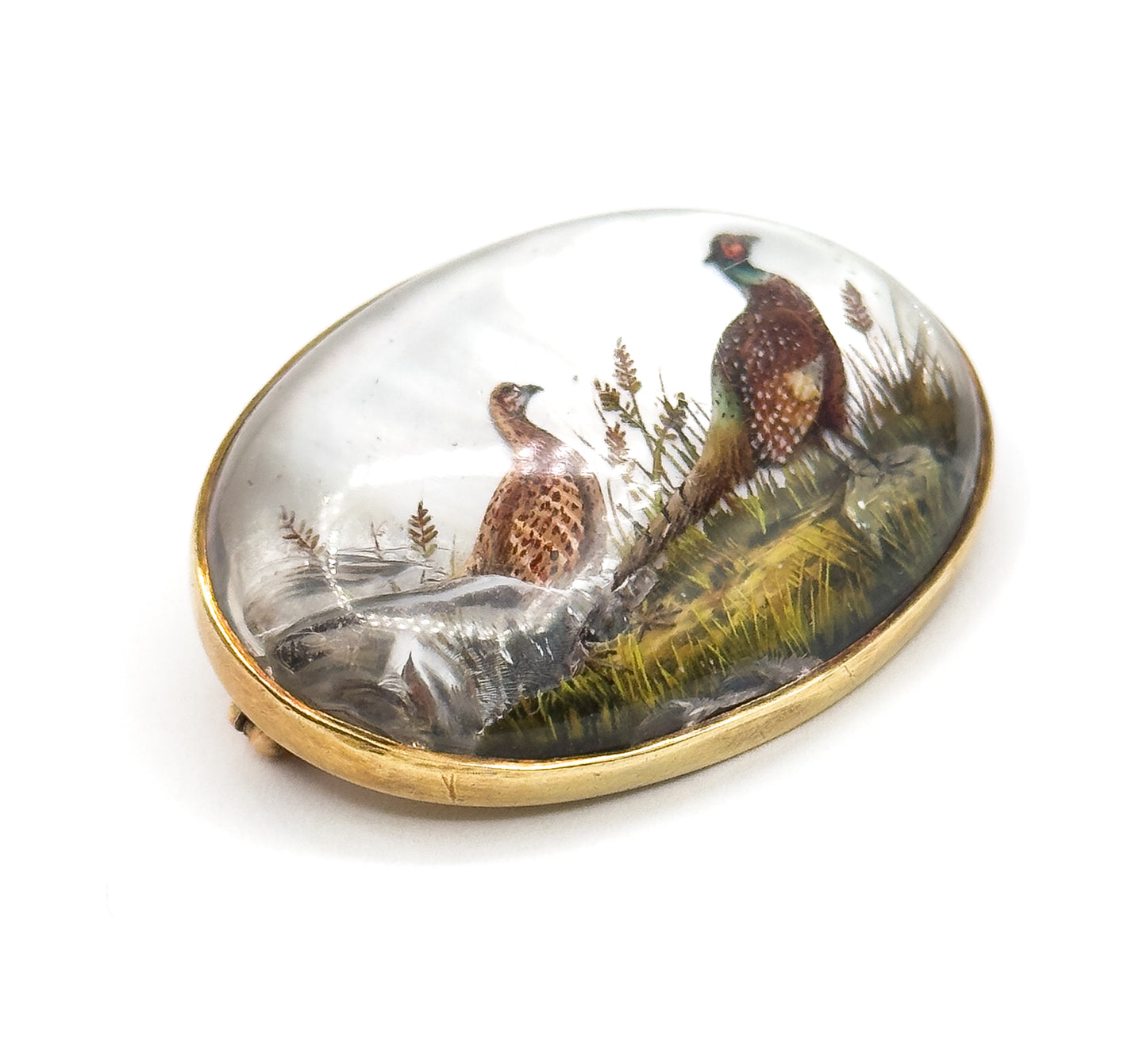 Edwardian Marcus & Co Reverse Carved Essex Crystal Pheasant Brooch in Gold