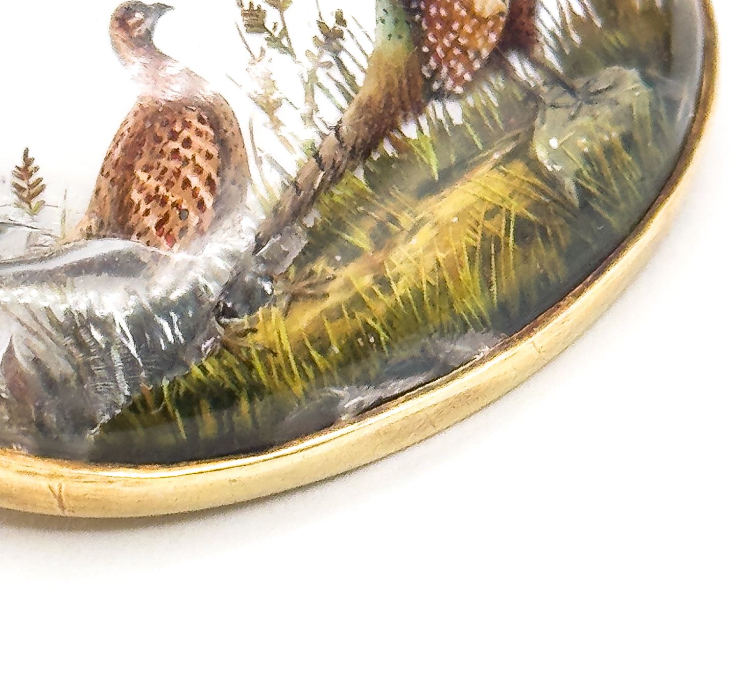 Edwardian Marcus & Co Reverse Carved Essex Crystal Pheasant Brooch in Gold