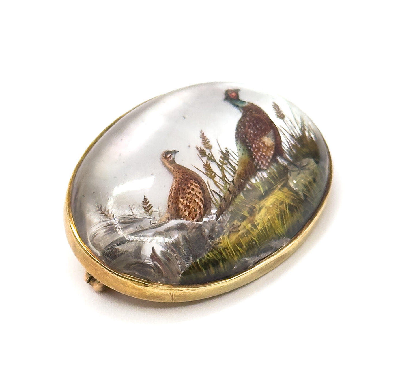 Edwardian Marcus & Co Reverse Carved Essex Crystal Pheasant Brooch in Gold