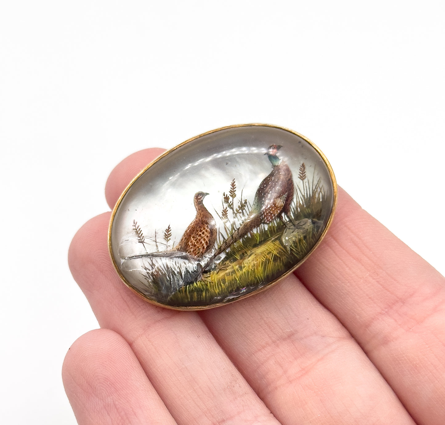 Edwardian Marcus & Co Reverse Carved Essex Crystal Pheasant Brooch in Gold