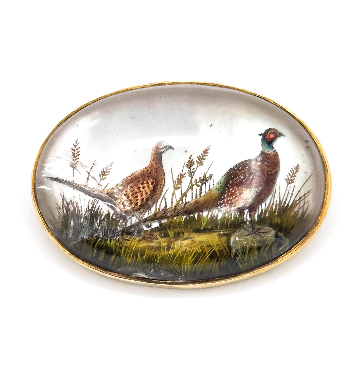 Edwardian Marcus & Co Reverse Carved Essex Crystal Pheasant Brooch in Gold