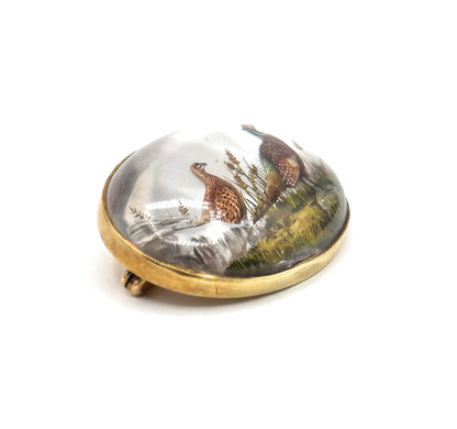 Edwardian Marcus & Co Reverse Carved Essex Crystal Pheasant Brooch in Gold