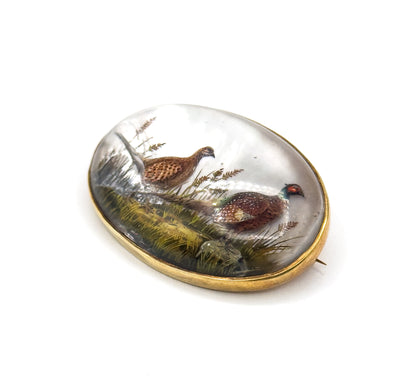 Edwardian Marcus & Co Reverse Carved Essex Crystal Pheasant Brooch in Gold