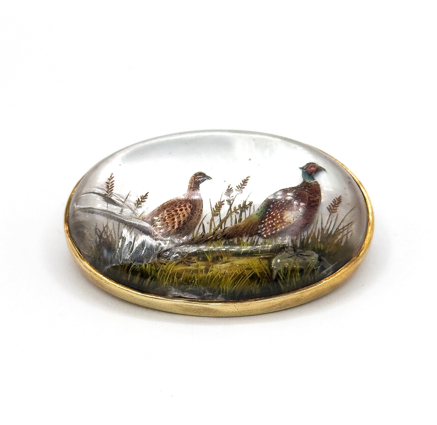 Edwardian Marcus & Co Reverse Carved Essex Crystal Pheasant Brooch in Gold