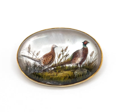 Edwardian Marcus & Co Reverse Carved Essex Crystal Pheasant Brooch in Gold