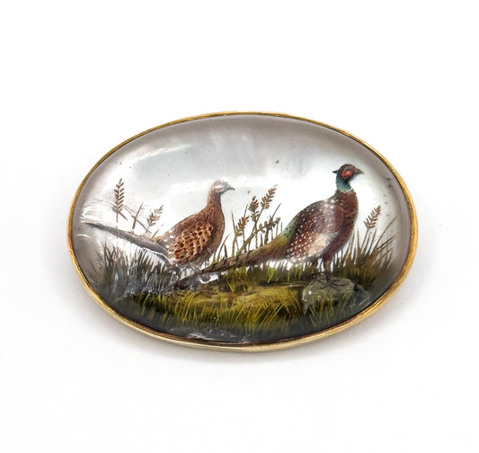 Edwardian Marcus & Co Reverse Carved Essex Crystal Pheasant Brooch in Gold