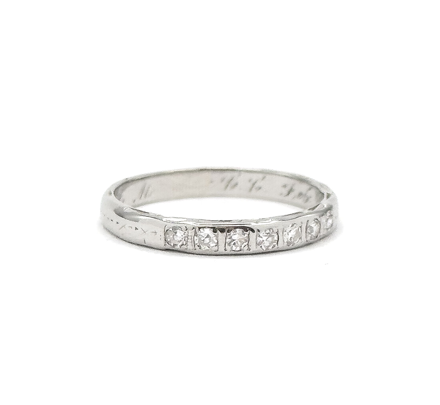 Art Deco Diamond Band with Valentines Day Engraving in White Gold