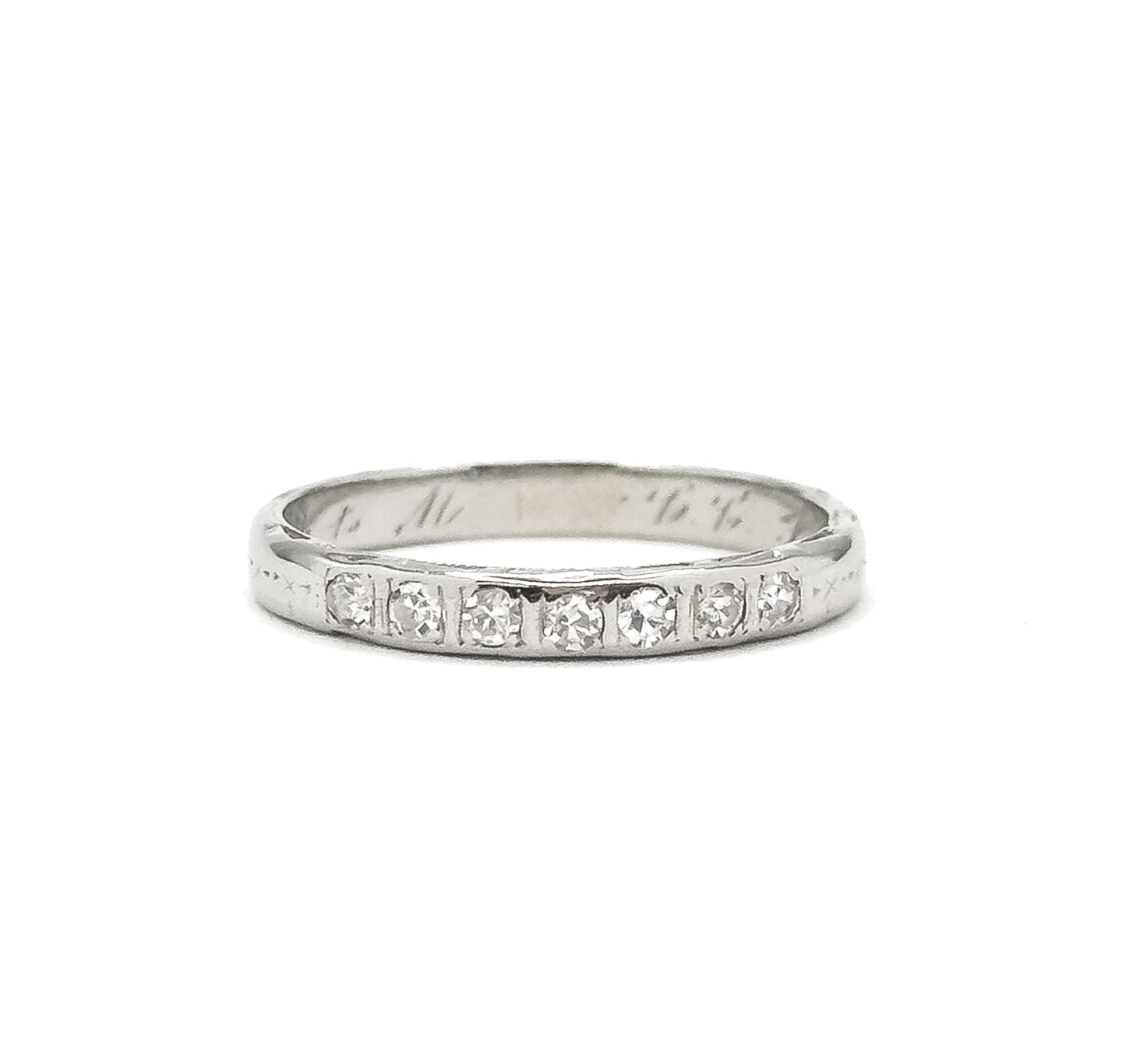 Art Deco Diamond Band with Valentines Day Engraving in White Gold