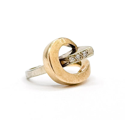 Mid-Century Two Tone Swirl Ring with Diamonds in Gold