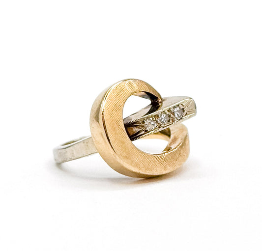 Mid-Century Two Tone Swirl Ring with Diamonds in Gold
